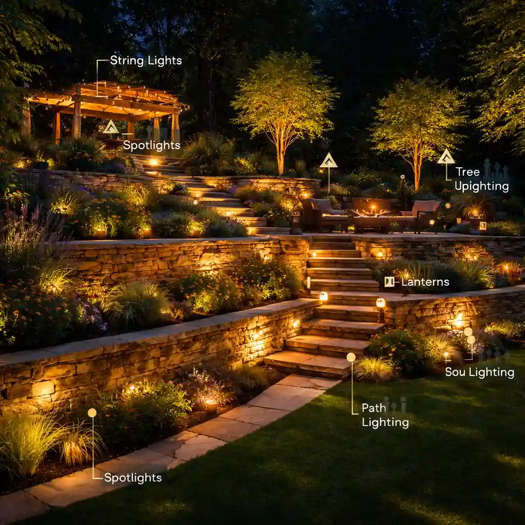 Dusk 3D render highlighting landscape lighting for paths and pool ambience.